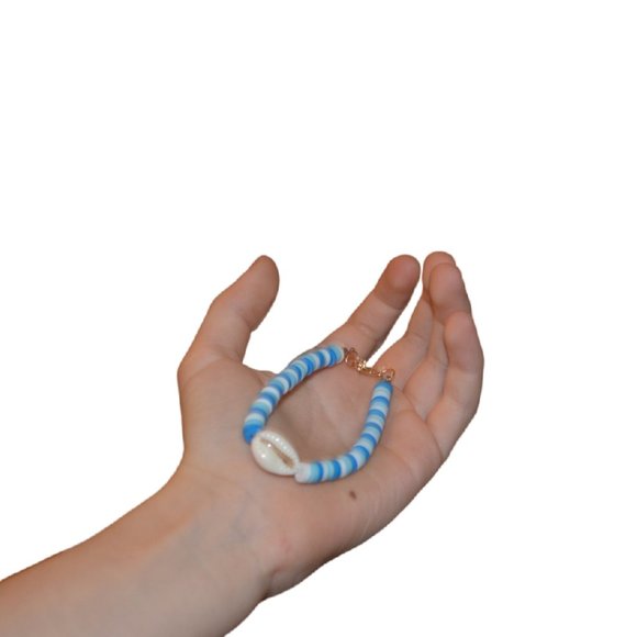 Handmade Cowrie Shell Clay Beads Elastic Kids Bracelet Blue 2.5 length in half - Picture 3 of 3